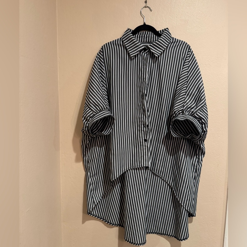 Eclectic Oversized Black and White Striped High/Low Button Down Blouse